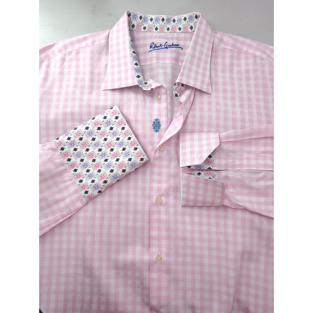 Robert Graham Pink Gingham Spade Jacquard Poker Cuff Shirt XXXL 3XL 19 48